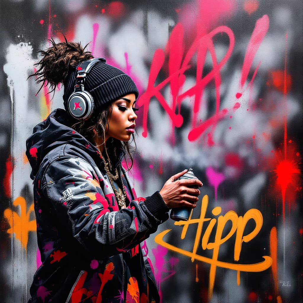AI generated: Hip Hop Aerosol Art, Spray Paint, Dynamische Formen, Urban, Portrait einer Hip-Hop Ikone in Aktion m...