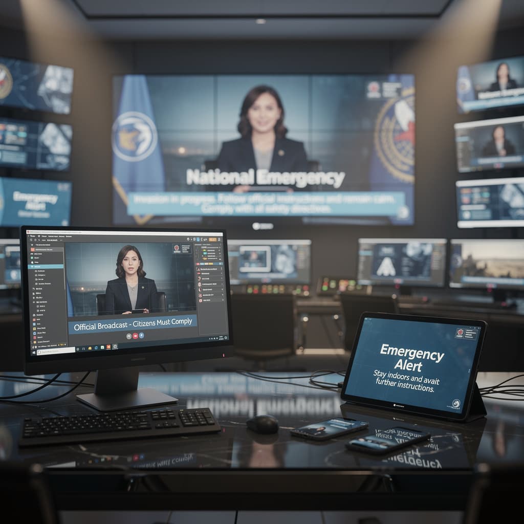 AI generated: Create a visual, show television and internet broadcast giving instructions of an invasion and telli...