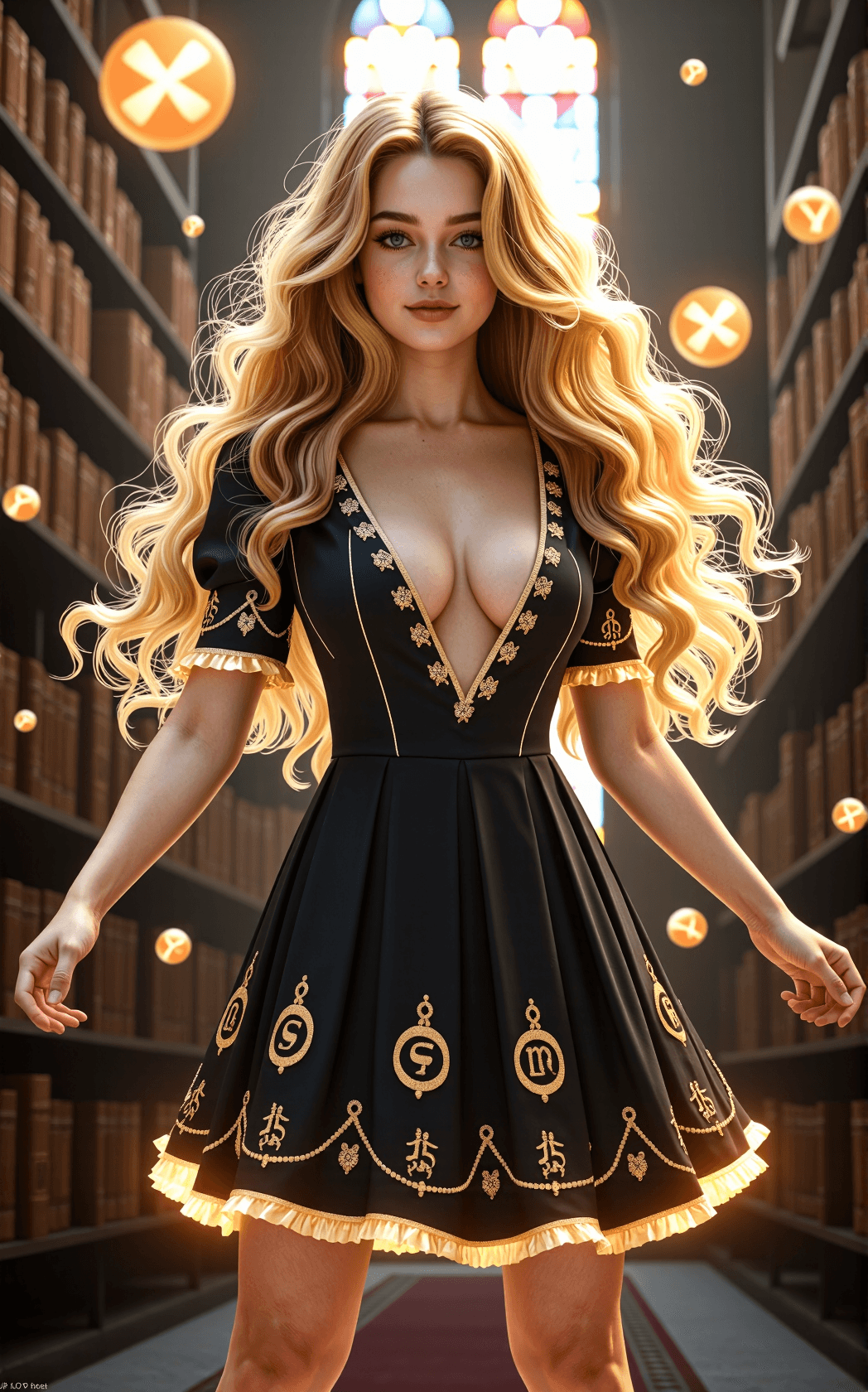 AI generated: A young woman stands at the center of a grand magical academy hall, casting an immense spell. She we...