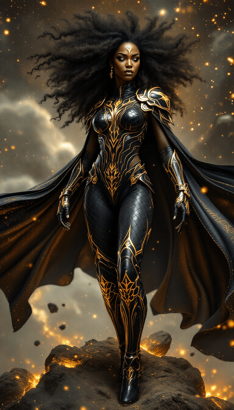 AI generated: /imagine prompt: A fierce African woman with rich ebony skin, bold gold tribal markings on her face,...