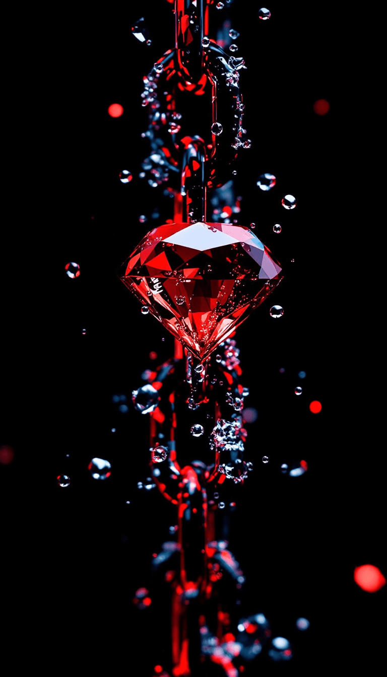 AI generated: big diamond ice out cuba chain. On the Chain is a red diamond and the text: "BAILE RHYTHM" in a abst...