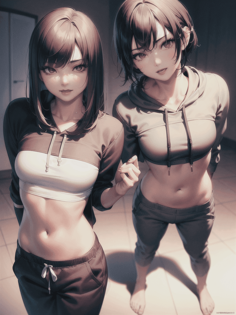 AI generated: 1 girl, beautiful Korean girl, (Cute Loose Bob hair), (wearing a cropped hoodie, capri sweatpants:1....