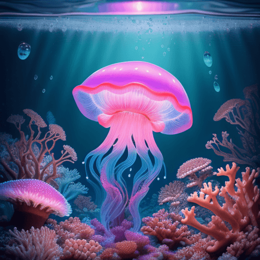AI generated: Raw, masterpiece, perfectly centered, symmetrical, under water macro shot of a glowing jellyfish, co...