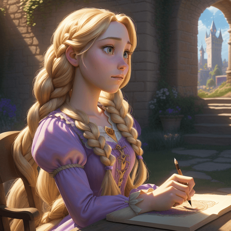 AI generated: Rapunzel from Tangled like a gorgeous real girl with a braid who is drawing her tower, ultra realist...