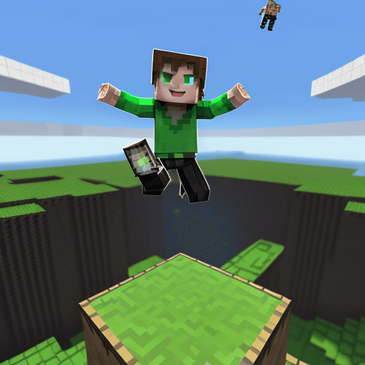 AI generated: 16k srgb 3d minecraft style character boy jumping up in the air, freeze frame caught in the jump, fe...