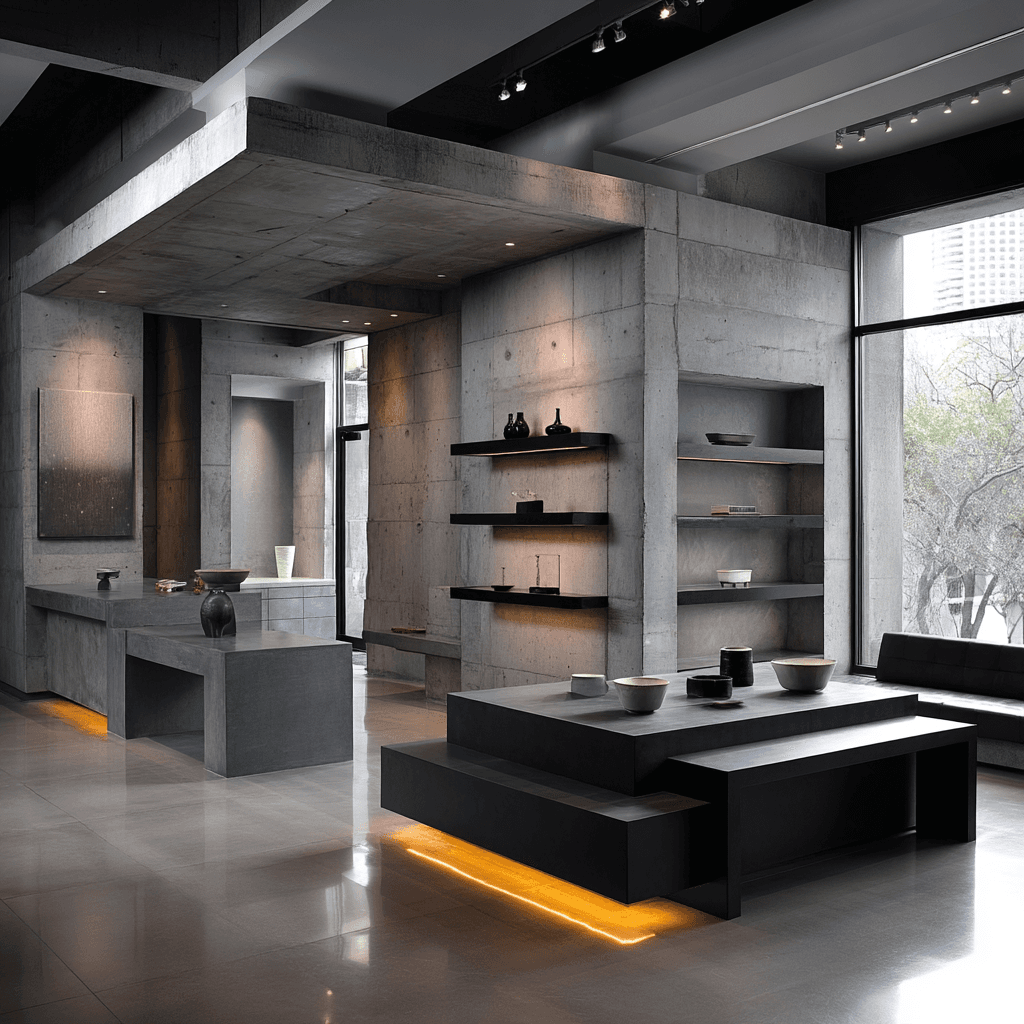 AI generated: photography, minimalist style, interior design in a modern space, strongly minimalist with brutalist...