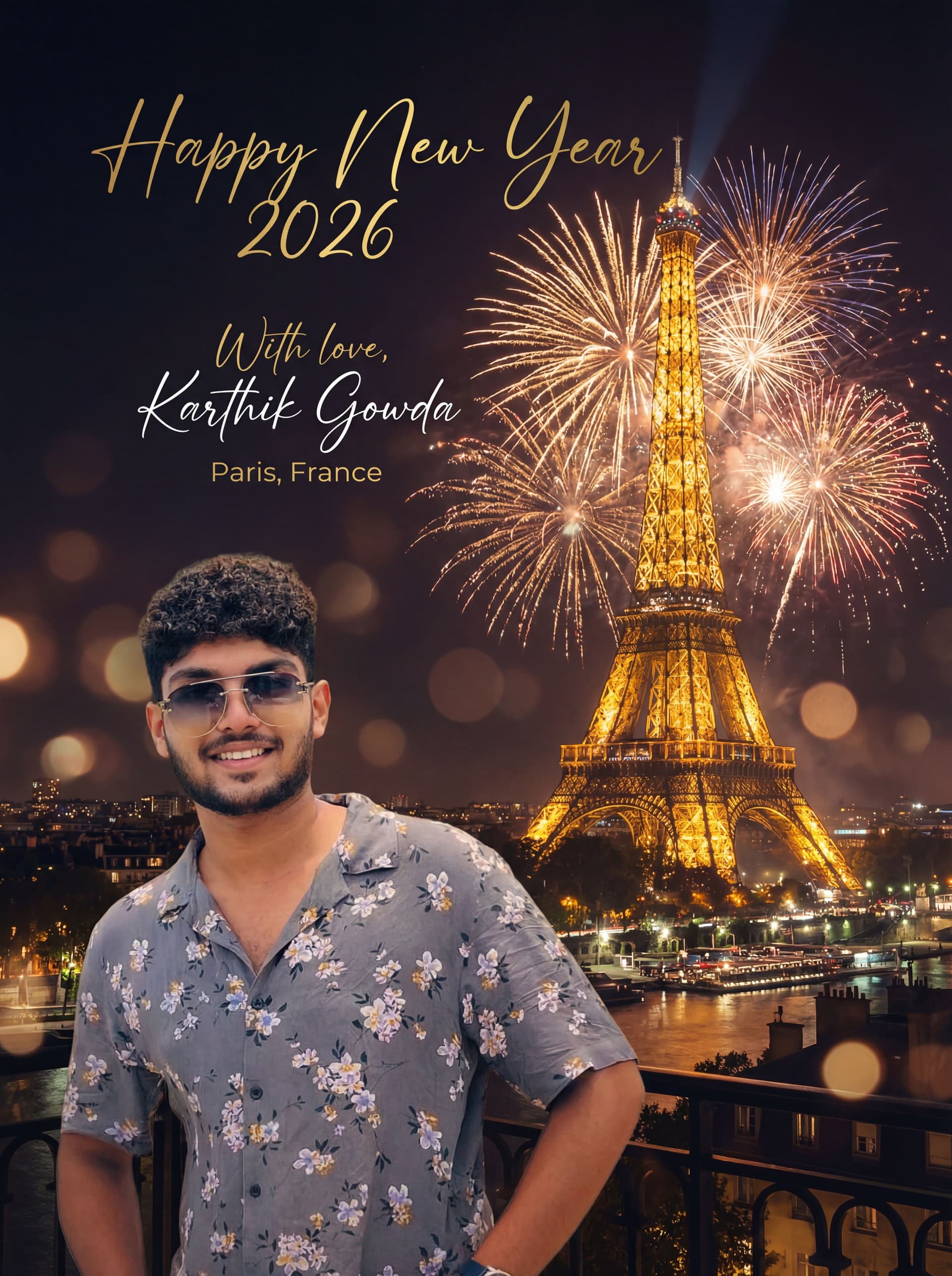 AI generated: “A beautiful New Year greeting card scene set in Paris, with the Eiffel Tower prominently in the bac...