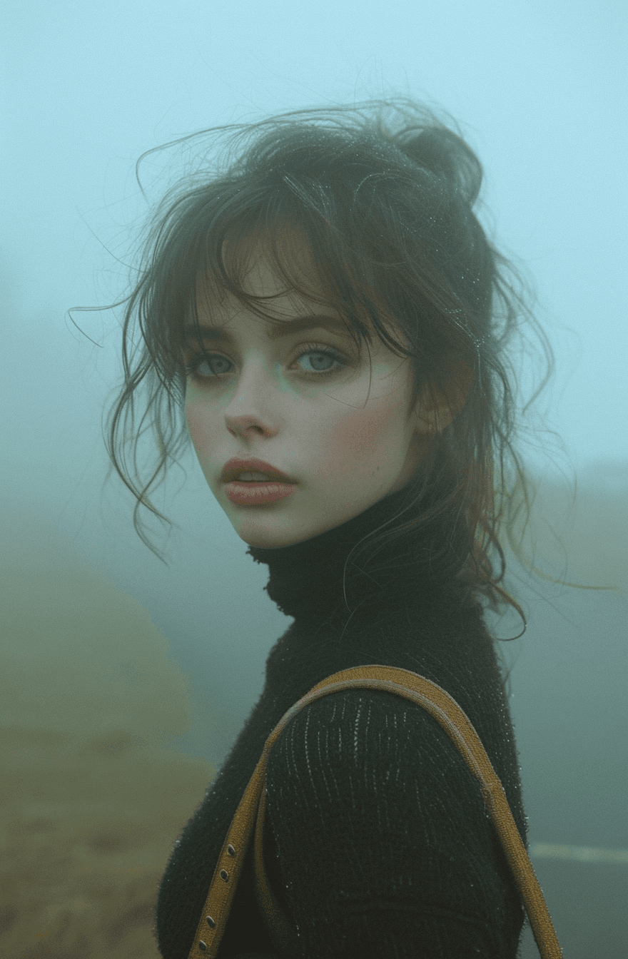 AI generated: girl standing on a foggy pavement while holding her purse, in the style of yigal ozeri, video, beach...