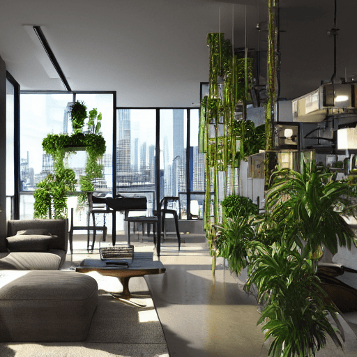 AI generated: hanging gardens, high resolution concept art of an apartment living room overlooking a large futuris...