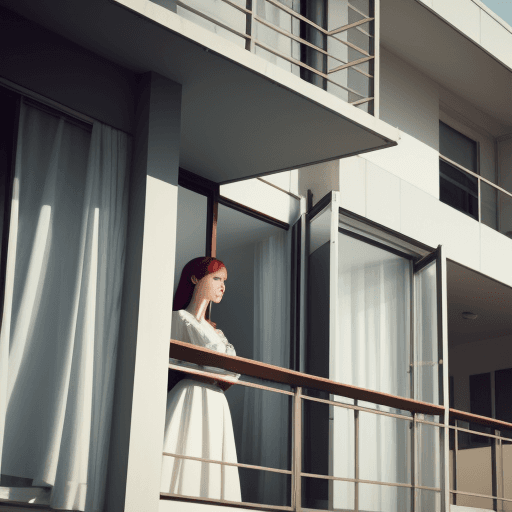 AI generated: generate photo of woman looking out from balcony, modernist house