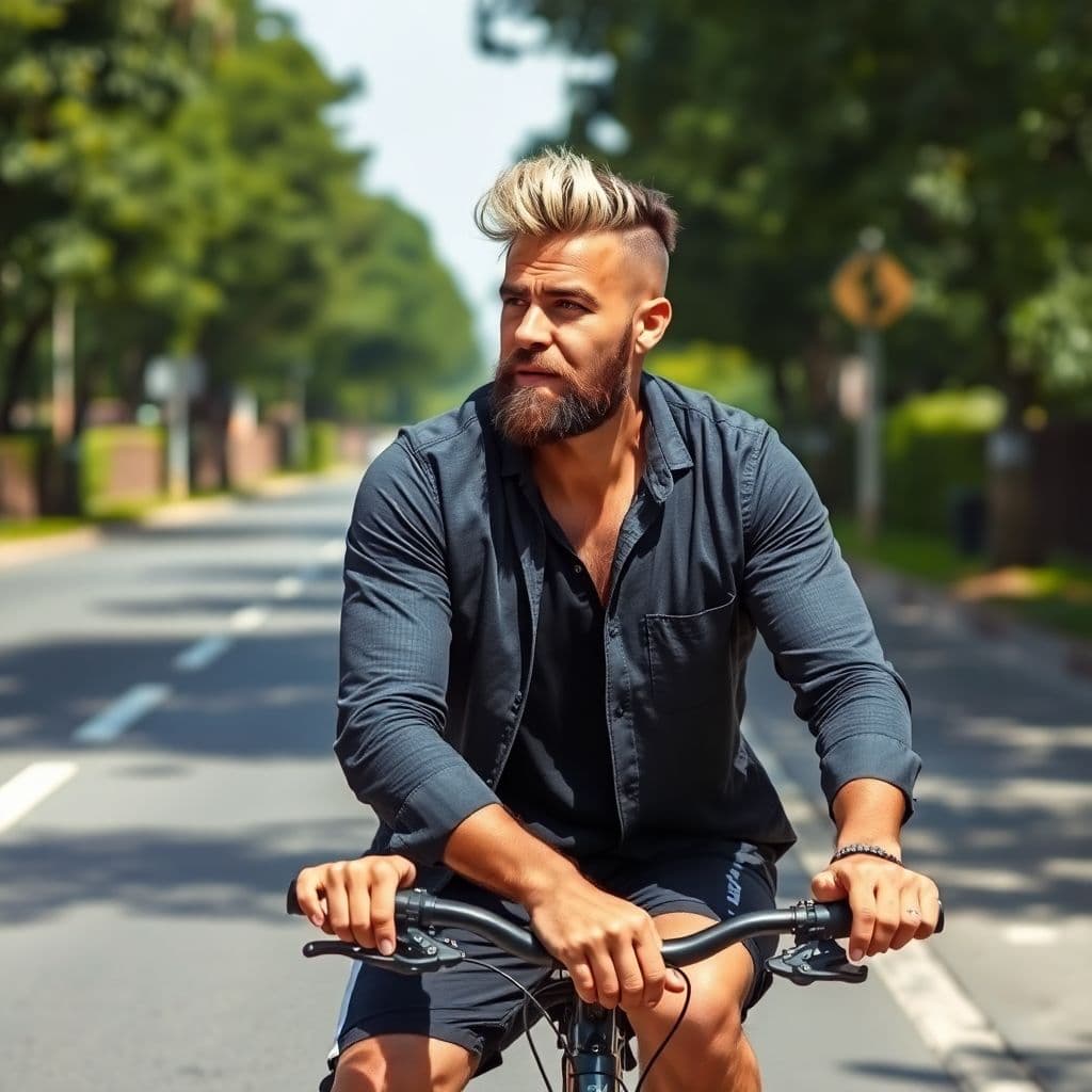 AI generated: Um homem adulto na sua bicicleta, com barba estilo cavanhaque, com alguns fios brancos, parado para ...