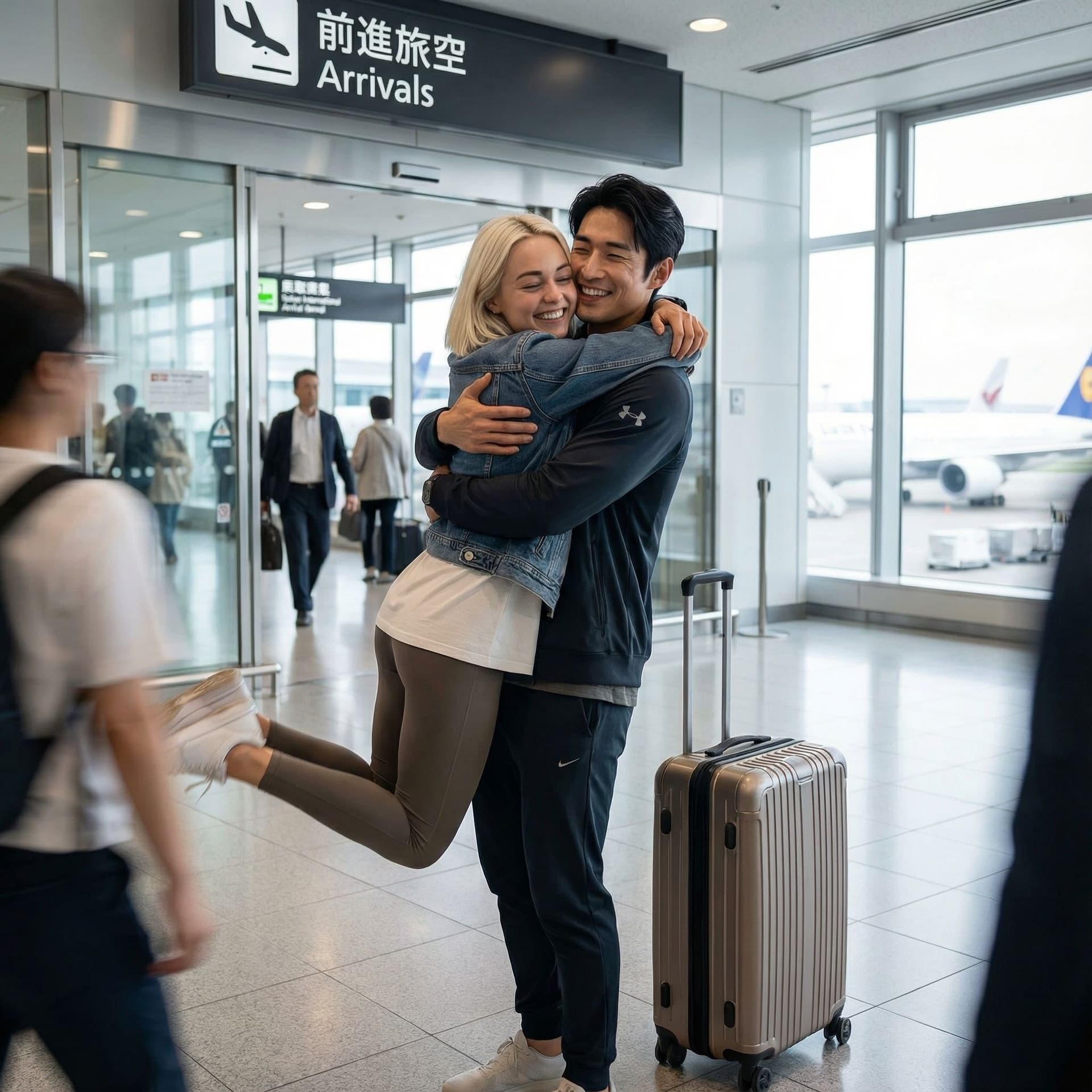 AI generated: Photorealistic scene of Ren meeting Lilith at Tokyo airport. Ren is an athletic Asian man in casual ...