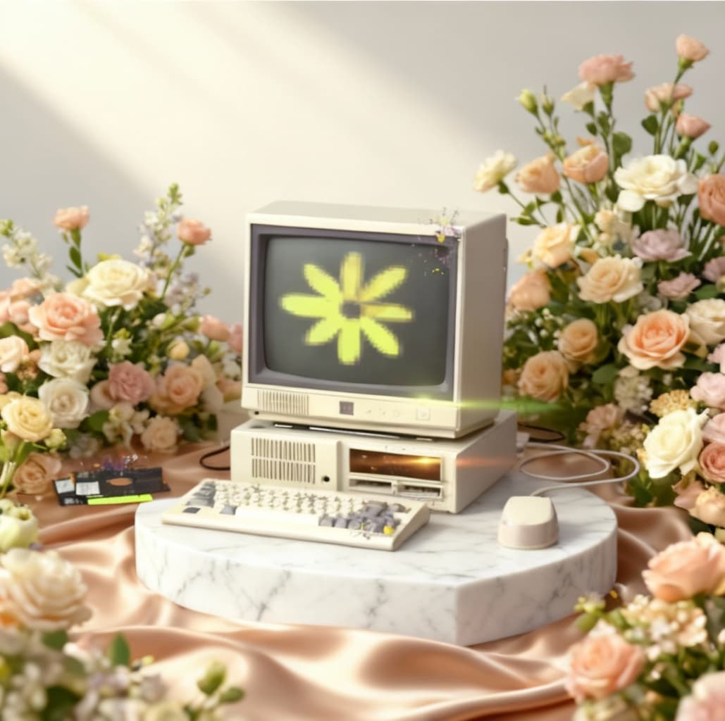 AI generated: A high-end editorial photo of COMPUTER placed on a white marble pedestal, resting on champagne-color...