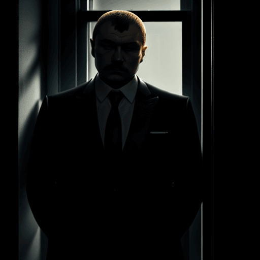 AI generated:  Russian drug lord in a black suit standing next to a window, high resolution, dark night

