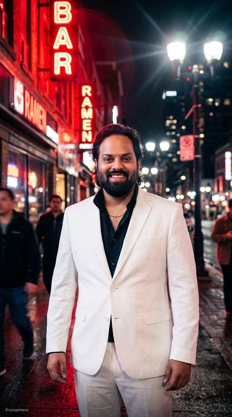 AI generated: photography, male model dressed in an white suit and black shirt, positioned amidst a vibrant night ...