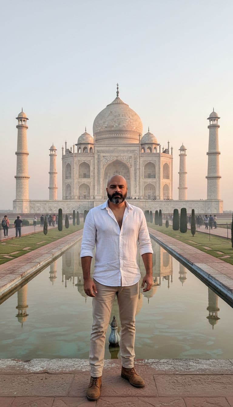 AI generated:  wide-angle shot of the Taj Mahal at sunrise, a man front of taj mahal, some people behind his  wear...