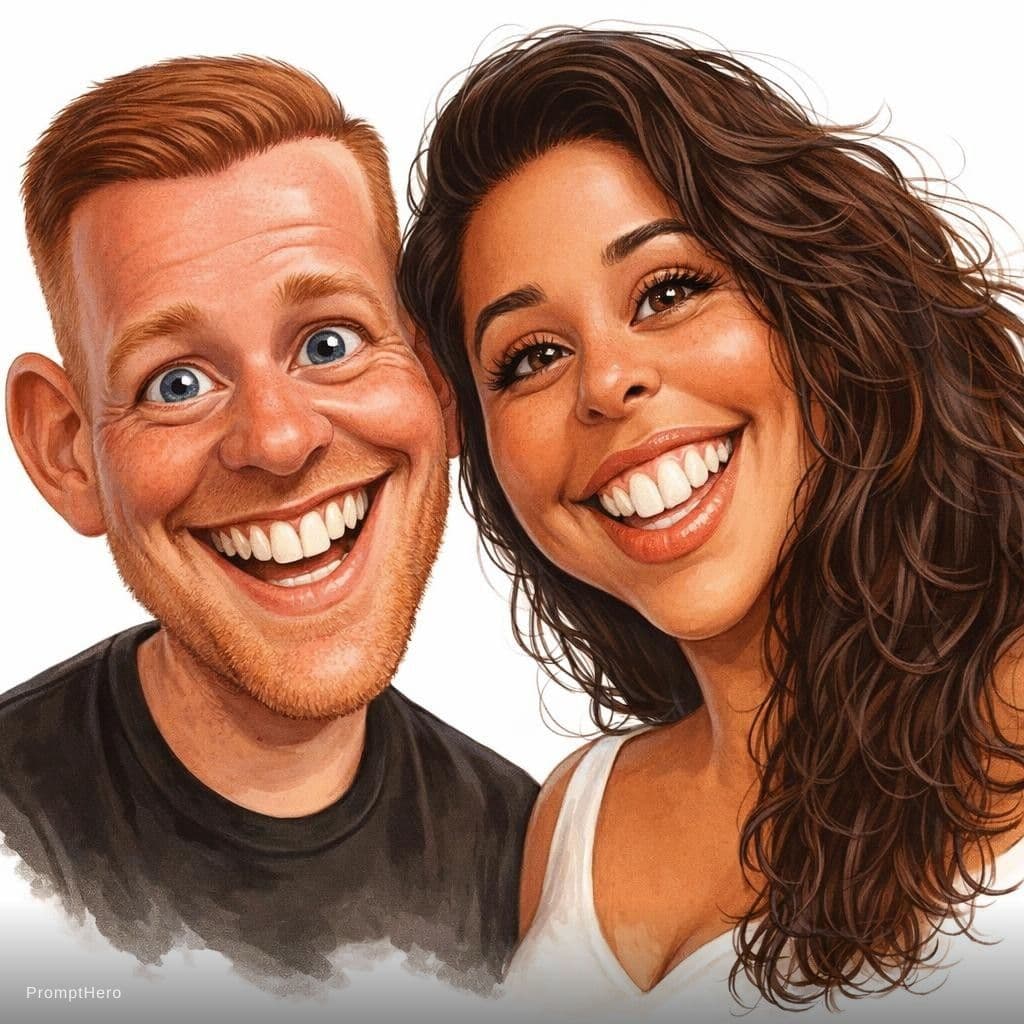 AI generated: funny caricature, adult man and woman (input Image), mid-30's, big cartoonish head, exaggerated cari...