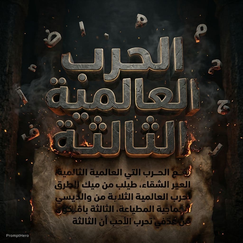 AI generated: Create a dramatic 3D Arabic typographic design of the phrase "الحرب العالمية الثالثة" in a monumenta...