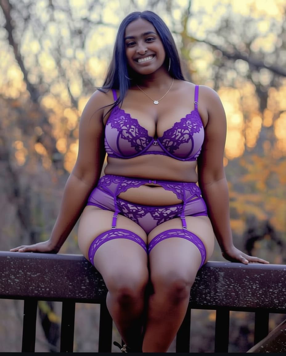 AI generated: Can you give her a tiny purple victoria secret lingerie set and make her chest bigger