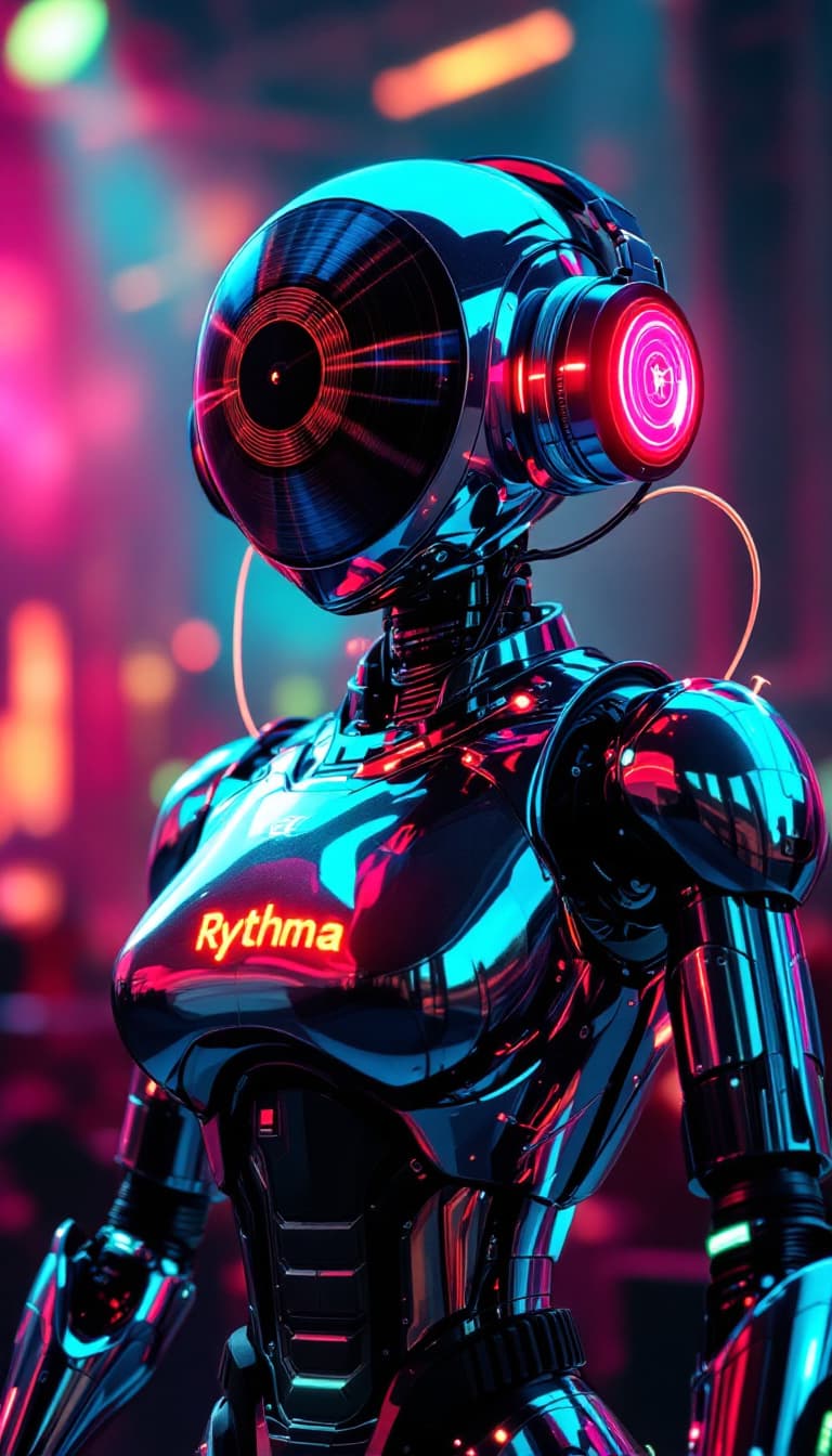 AI generated: A quirky and hyperrealistic depiction of a retro-futuristic robot with a sleek, musical aesthetic. T...