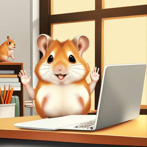 AI generated: ginger hamster waving. hamster is sitting at an office desk, behind a computer screen waving at the ...