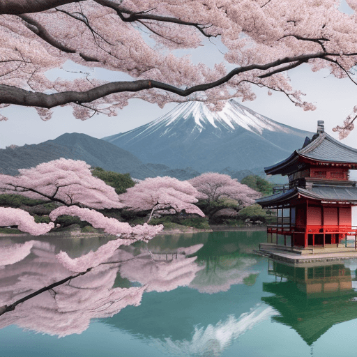 AI generated: A beautiful ancient sakura tree in front of a lake. Mountains and Japanese temples in the background...