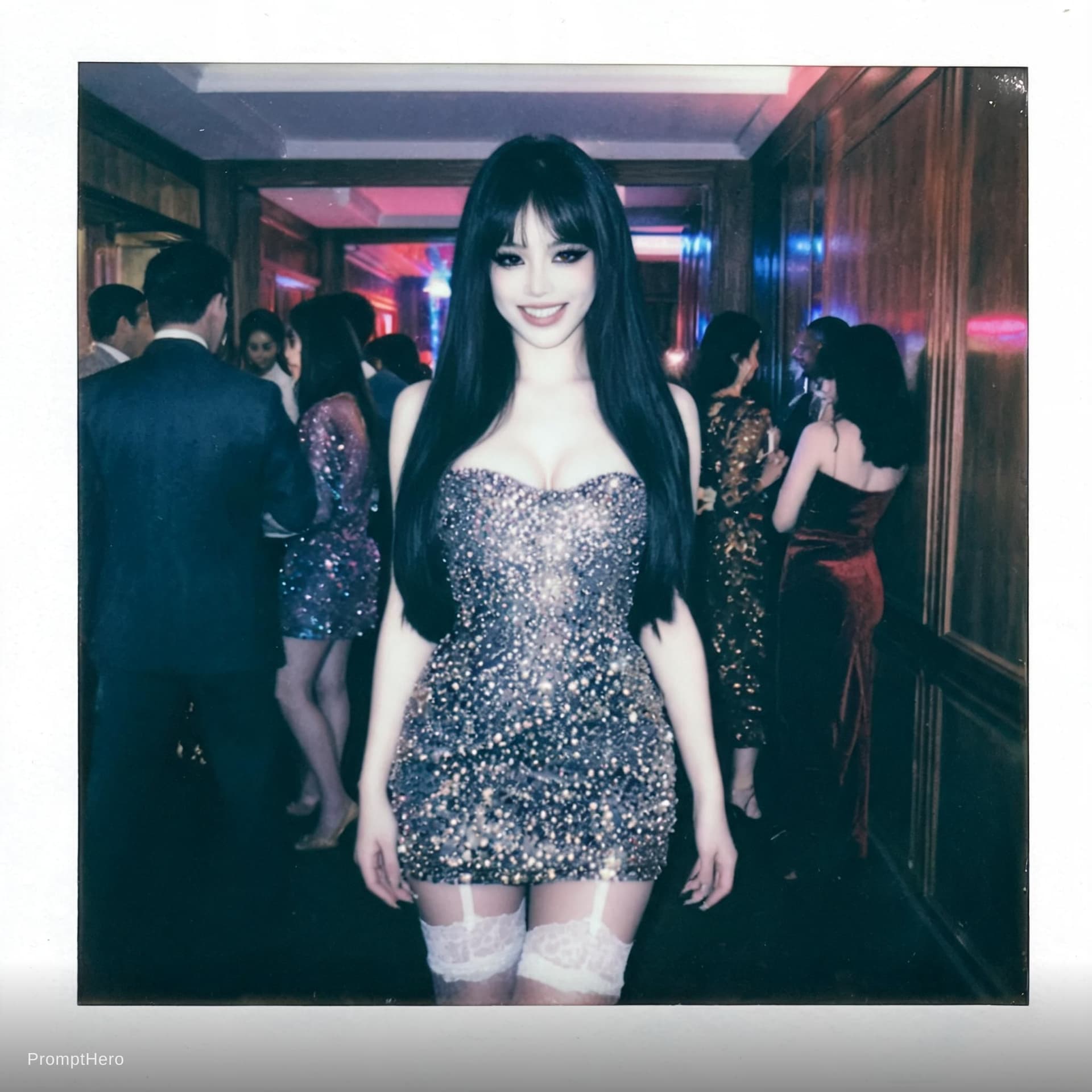 AI generated: Polaroid photo of a 18-year-old vintage-style italian girl with a doll-like face and a sultry,big sm...