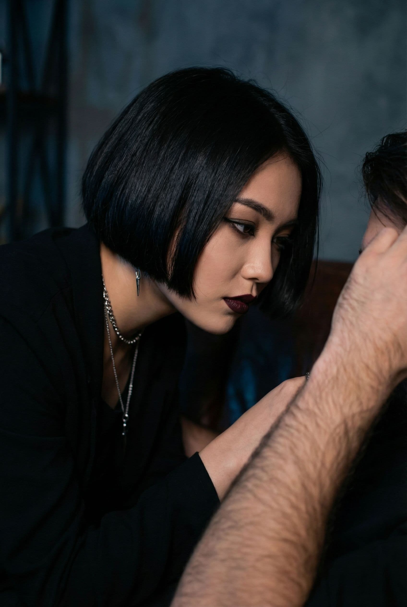 AI generated: Eurasian woman licking man penis, 20yo, naked, goth look, sqaure cut shortbob haircut, smooth hairs,...