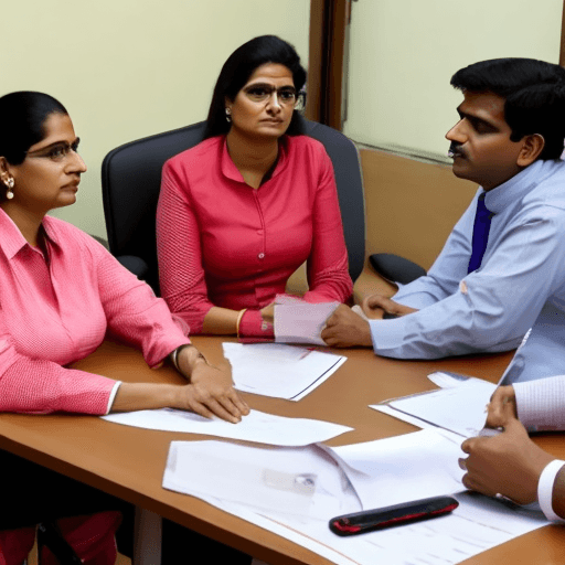 AI generated: An indian office female secretary with all the shirt button  red bra visible , sitting in a round ta...