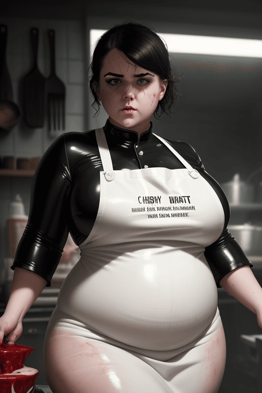 AI generated: RAW photo, low key, cinematic composition, chubby female butcher, woman, rim light, blood (white Apr...