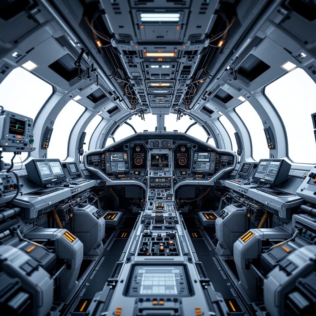 AI generated: Futuristic looking image of an aircraft cabin with a complex machine with lots of antennas and monit...