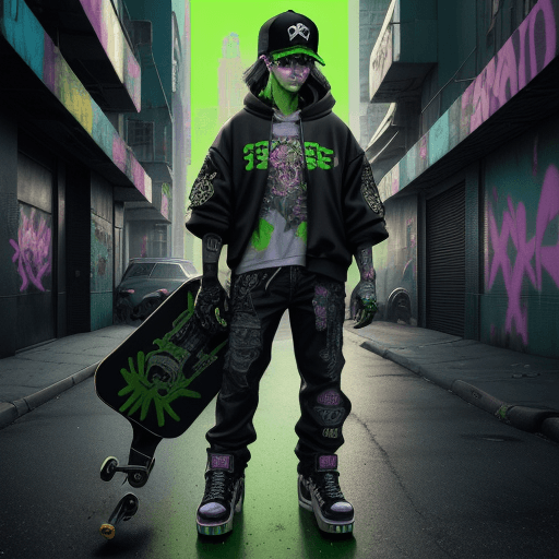 AI generated: Cyberpunk style, a frog (pepe meme coin) standing on a skateboard, wearing a backwards baseball cap ...
