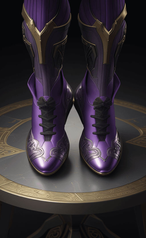 AI generated: Shoes on the table with the design and character of thanos The Shoes is gold and purple dark, no wat...
