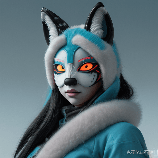 AI generated: highly detailed portrait of wastelander long ice hair ceramic kitsune fox mask curvy tribal lady, st...