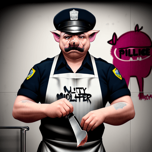 AI generated: A butcher with a dirty apron and a butcher knife, wearing a police officer hat, angry look on his fa...