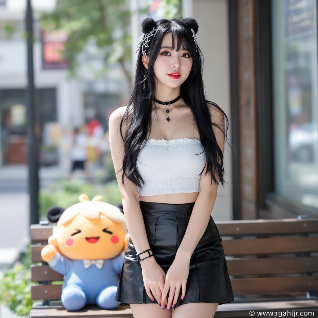 AI generated: a woman, outdoors, city, tokyo, street view, building city, standing, arms between legs, black hair,...