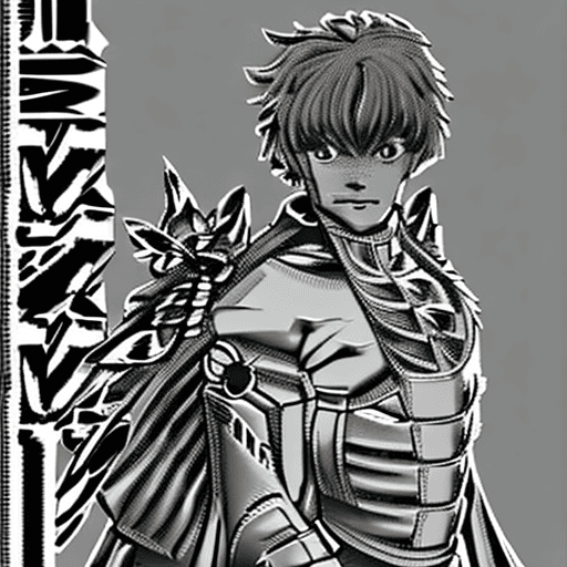 AI generated: monochrome, a man with big eyes, brown hair with tuft, in golden armor, manga, ((without helmet)), b...