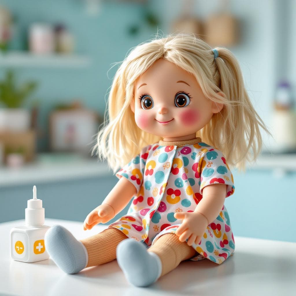 AI generated: A 50 cm tall educational rag doll designed for children to learn about blood tests. The doll has a s...
