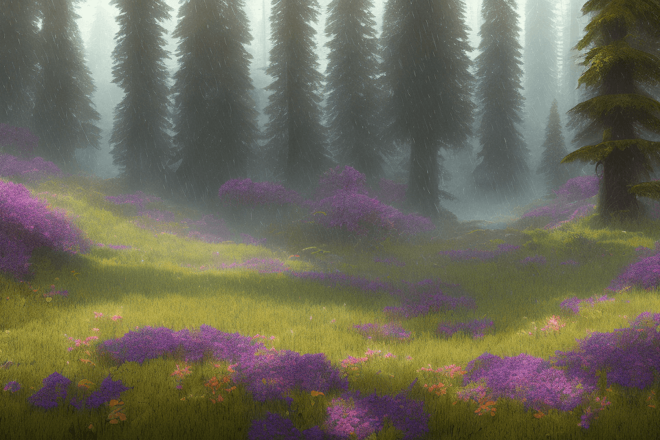 AI generated: pacific northwest, forest, wildflowers, raining, 4k highly detailed digital art, 4 k hd wallpaper ve...