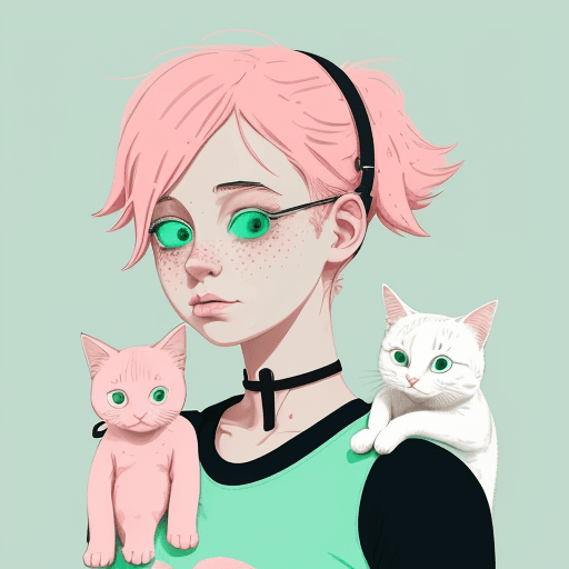 AI generated: An illustration of a quirky girl with pink hair, in the style of Flat shading, Gemma Correll, with f...