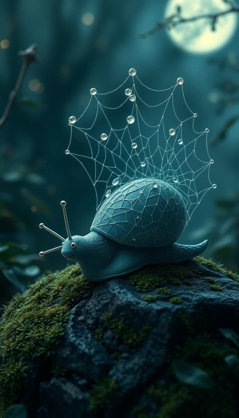 AI generated: A delicate, enchanted snail statue meticulously sculpted from intricate, silken spiderwebs, adorned ...
