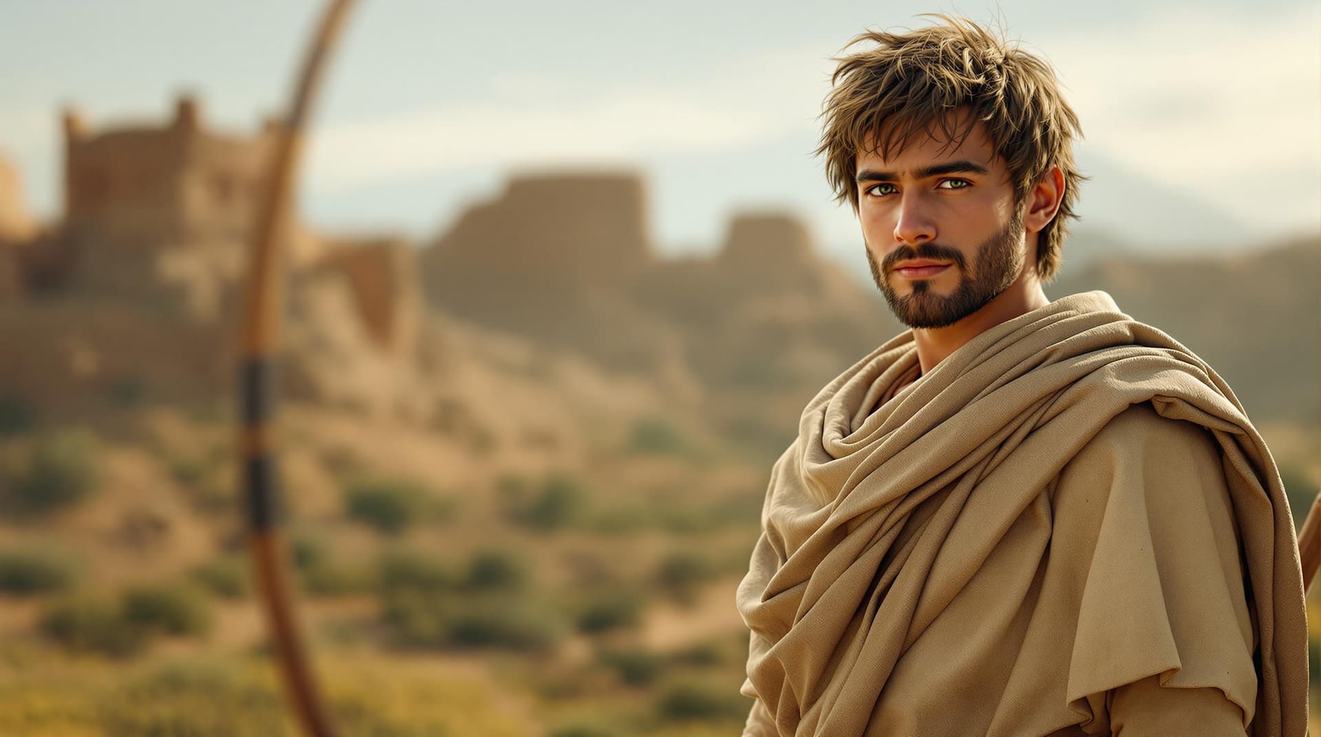 AI generated: A young shepherd boy, David, in ancient Israeli attire, standing confidently with a sling in his han...