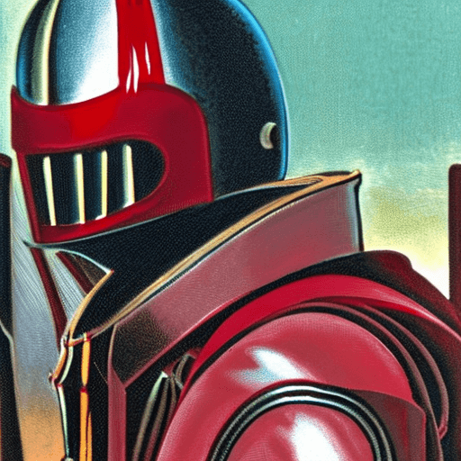 AI generated: 1970s paperback dark fantasy, sci-fi books covers, close up of a red knight wearing full plate armor...