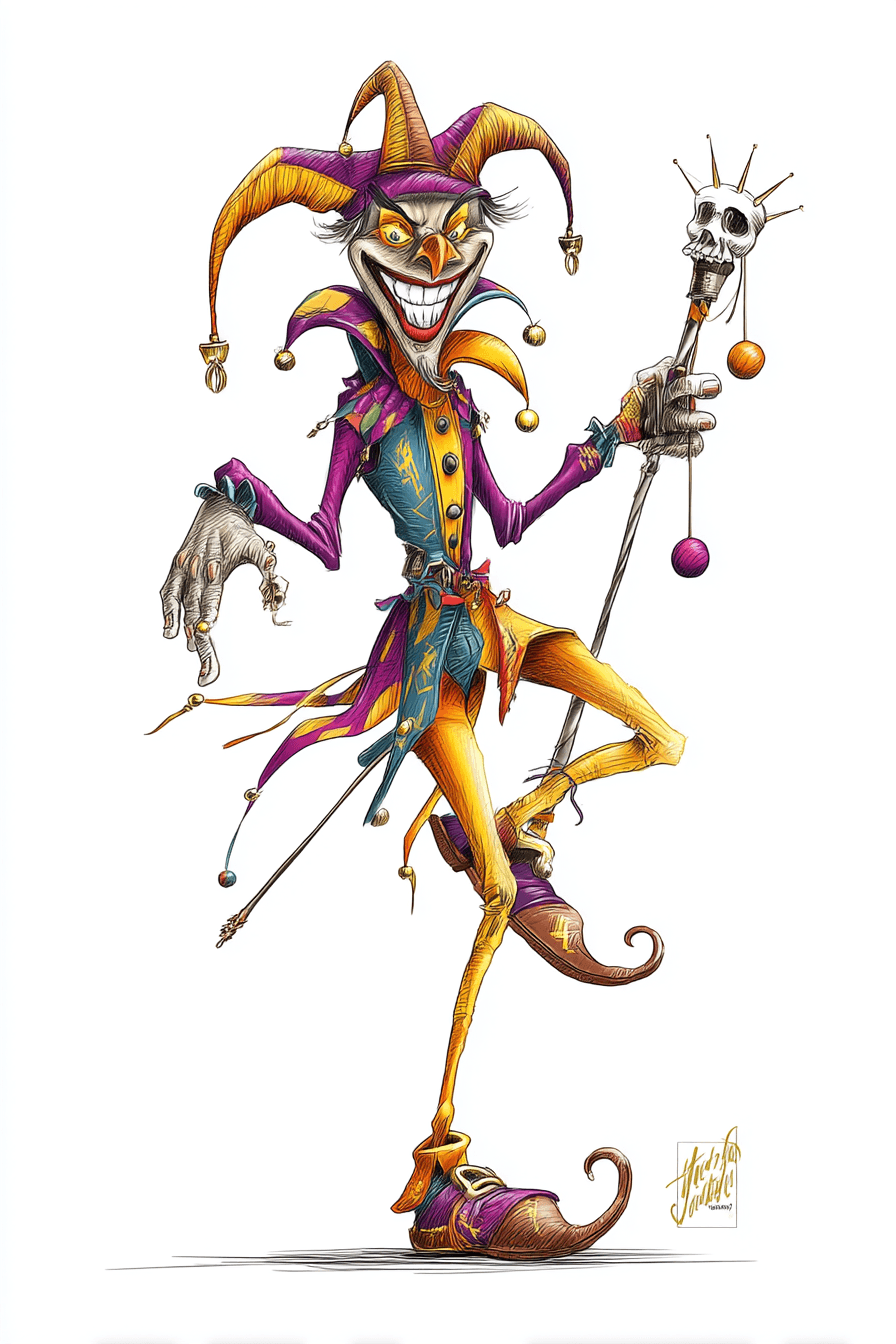 AI generated: funny caricature, sinister jester, nordic ethnicity, 30 years old, playful, twisted, unpredictable, ...