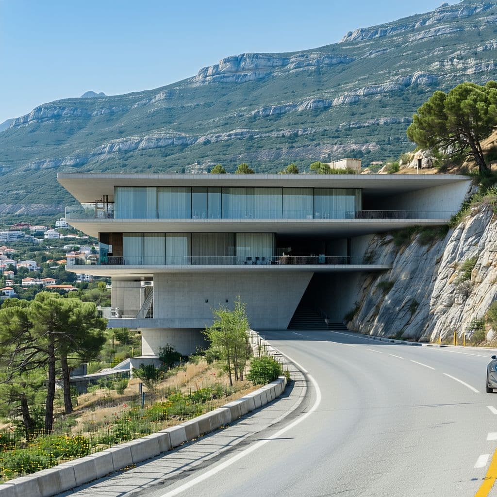 AI generated: A two floor hotel, semi underground, elongated towards the mountain and vertical relatively to the r...