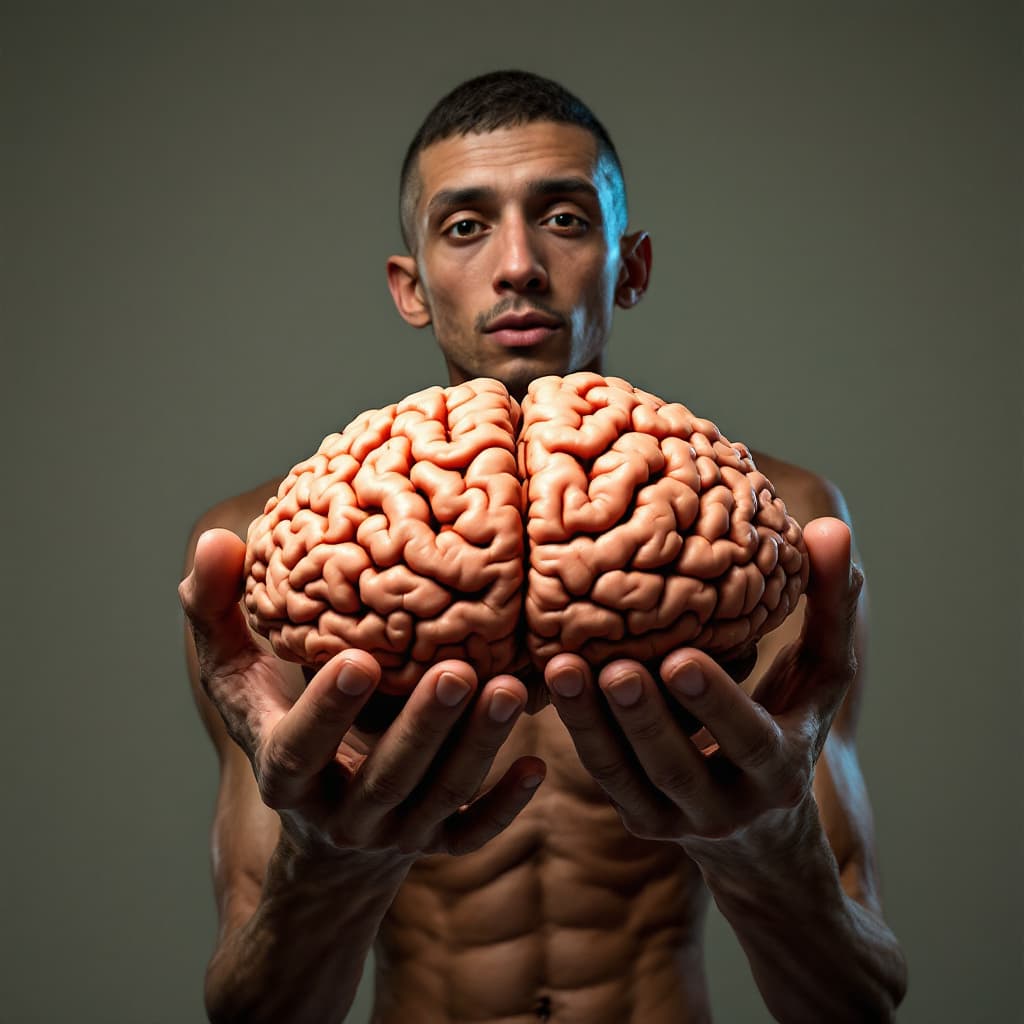 AI generated: a very skinny college age guy holds a brain in his hands and presents it proudly to the camera