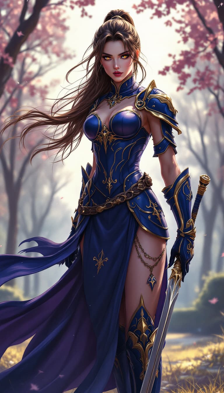 AI generated: Elegant female warrior, inspired by the mythical Bear Knight, stands proudly in a serene park, radia...