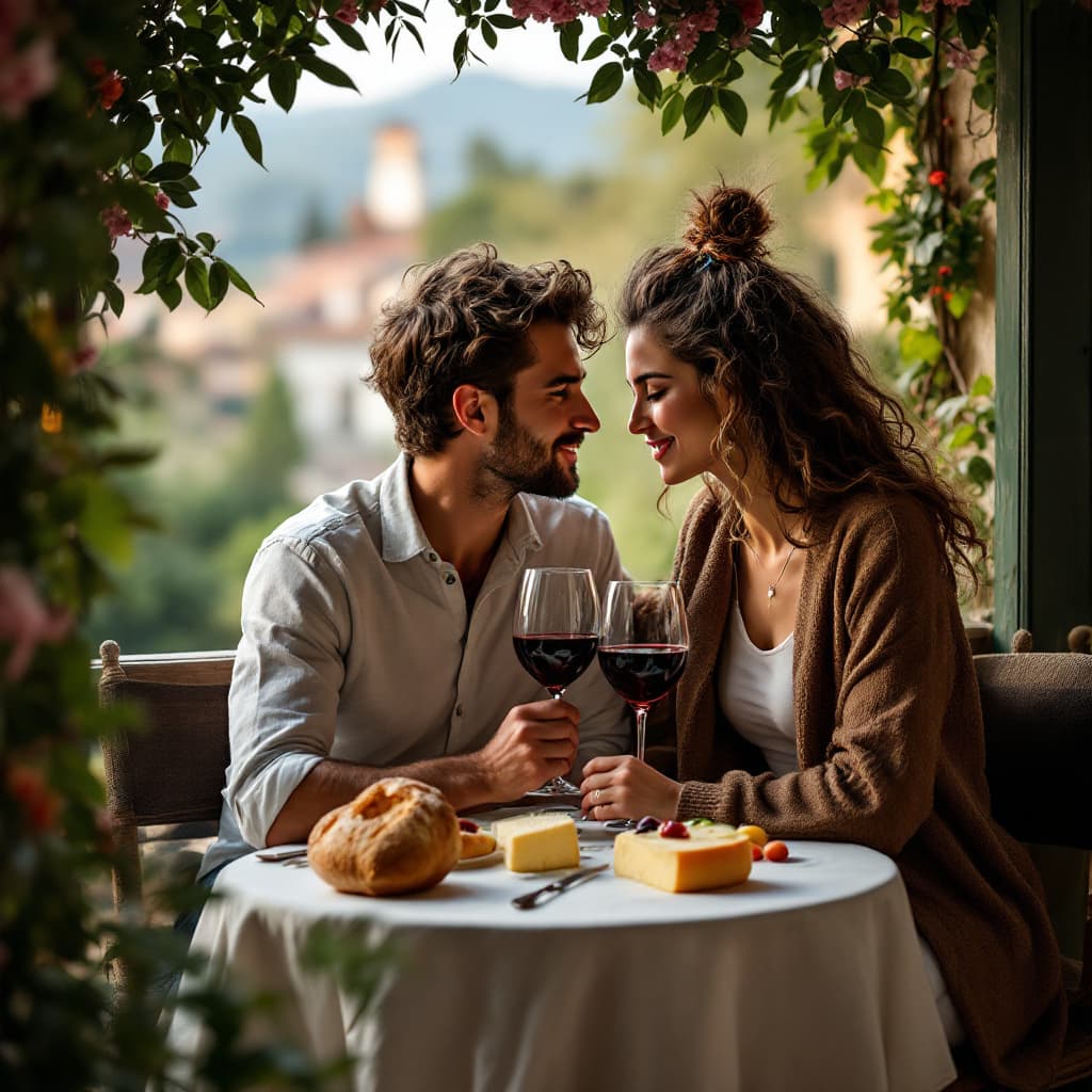 AI generated: A couple sits in a small cafe drinking red wine and gazing into each other's eyes with a loaf of bre...