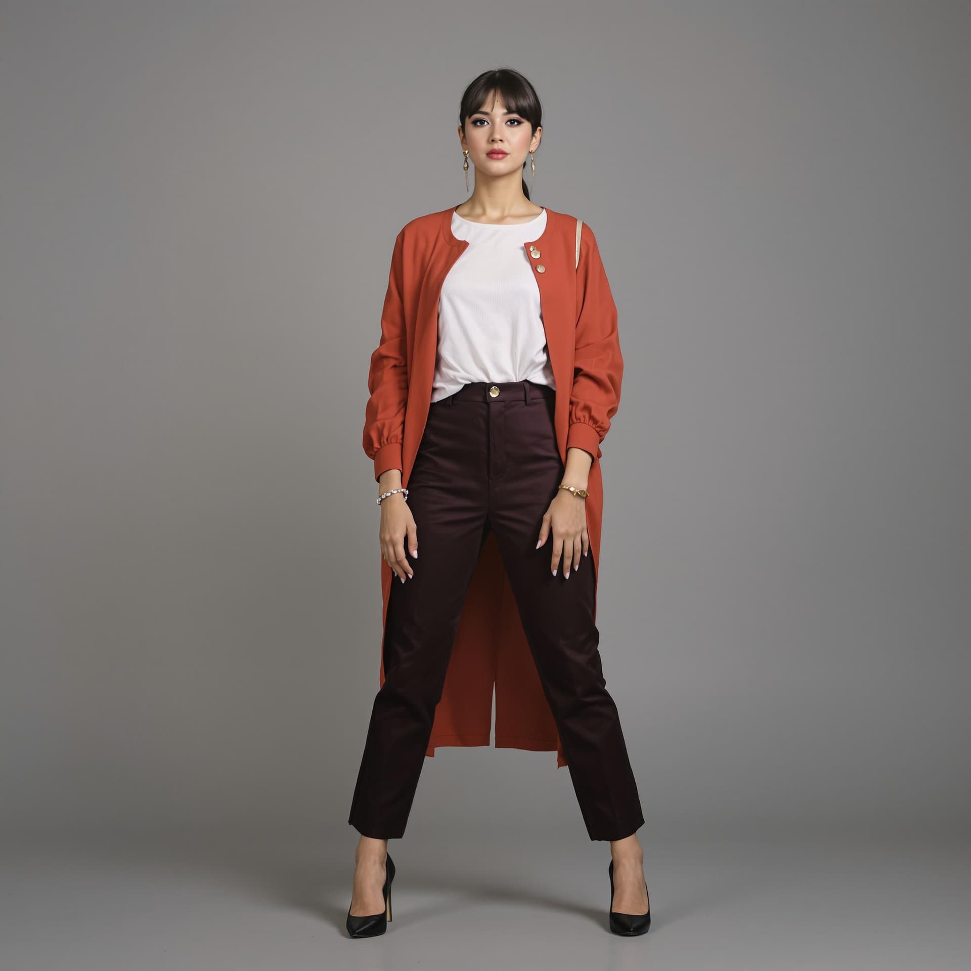 AI generated: full-length photography portrait of model girl. Clothes, stylish makeup, manicure, pedicure accessor...