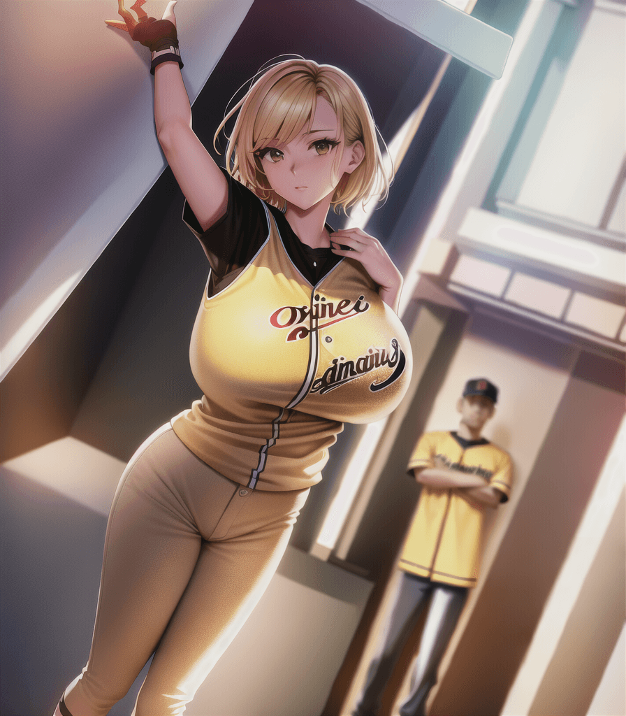 AI generated: (perfect anime illustration), 1girl, woman, short blonde hair, brown eyes, (baseball), field, pitche...